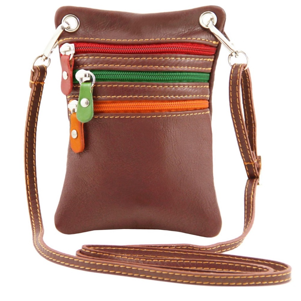 Italian TL BAG Soft Leather Mini Cross Body Bag Made In Italy Brown Triple Zip